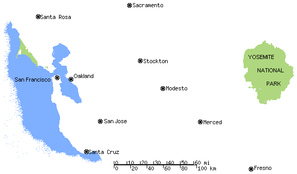 Map showing Yosemite and nearby cities with airports